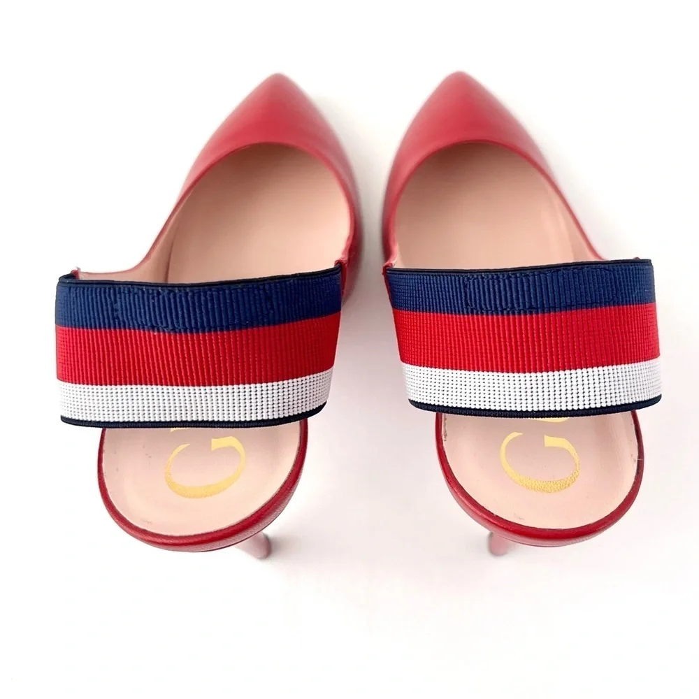 New‎ GUCCI | Sylvie Web Stripe Slingback Red Leather Pointed Pumps EU 39 US 9